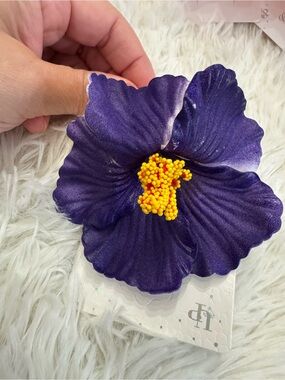 Purple Hibiscus tropical Flower Hair Clip with Yellow Center Hawaii